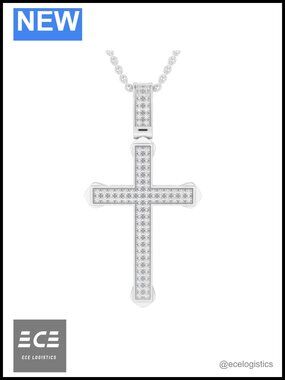 10K Solid White Gold Round Natural Diamond Cross Pendant Necklace 18 Inch